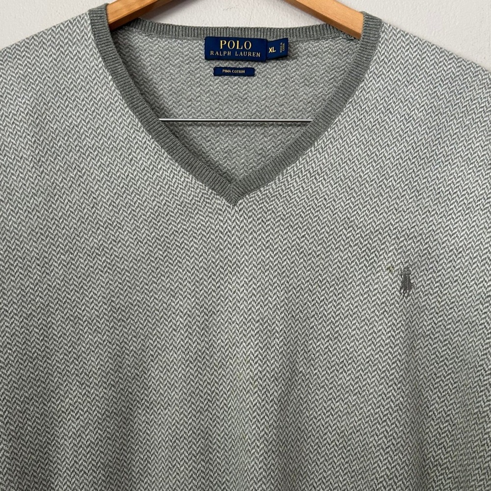 Polo Ralph Lauren Sweater Mens XL Gray Herringbone V-Neck Pima Cotton Pony Logo
